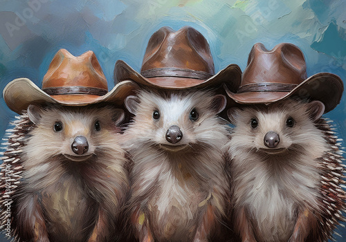 Funny portrait of three cute hedghogs wearing brown cowboy hats against a blue background; illustration painting; landscape orientation