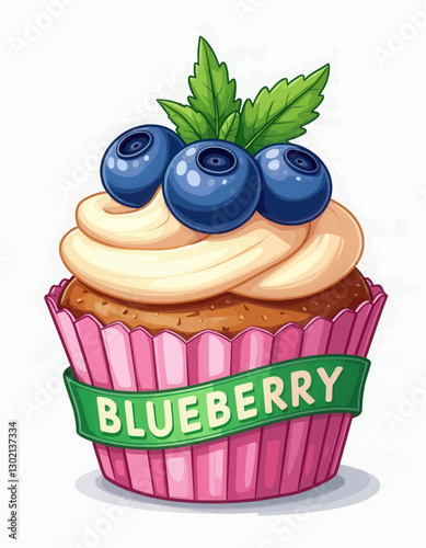 Cartoon blueberry cupcake with cream frosting and mint leaves