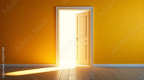 the image showcases an open white door with bright light streaming through its crack, illuminating the yellow walls and floor, and creating a warm, bright, and hopeful atmosphere1