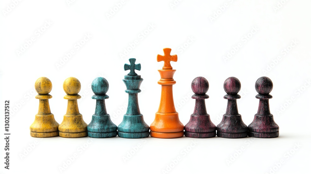 Colorful chess pieces lined up against a white isolate background. Colorful chess pieces lined up against a white isolate background.