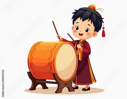 Cartoon boy in traditional clothing playing a drum with transparent background