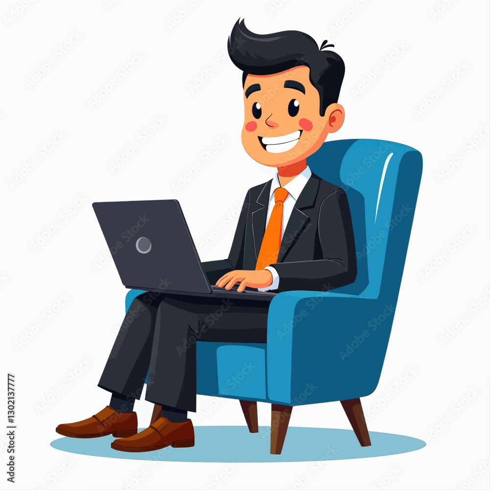 Cartoon Businessman working on Laptop in Armchair, transparent background Cartoon Businessman working on Laptop in Armchair, transparent background