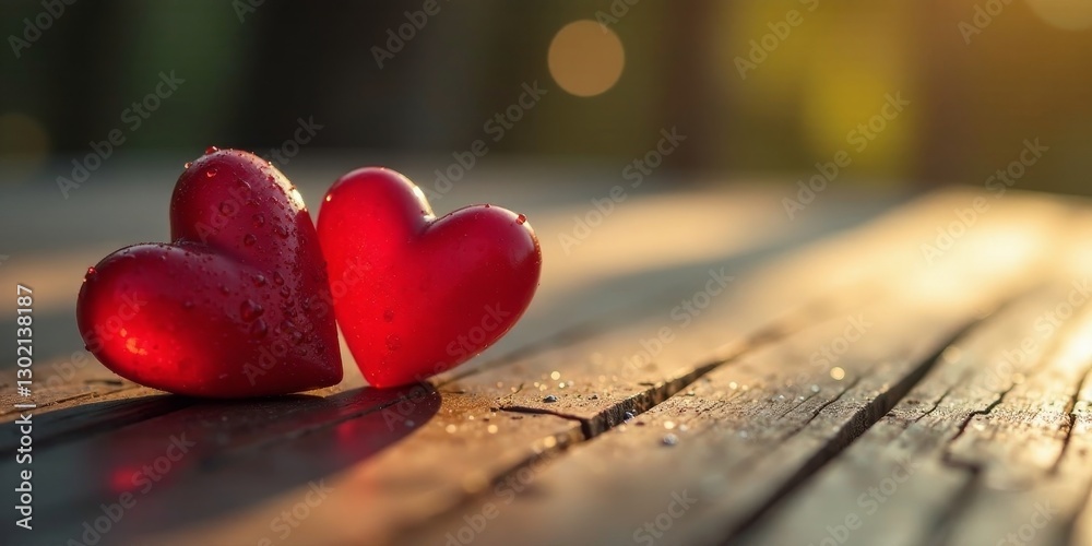 Obraz premium Two glistening red hearts rest on weathered wood, bathed in warm sunlight