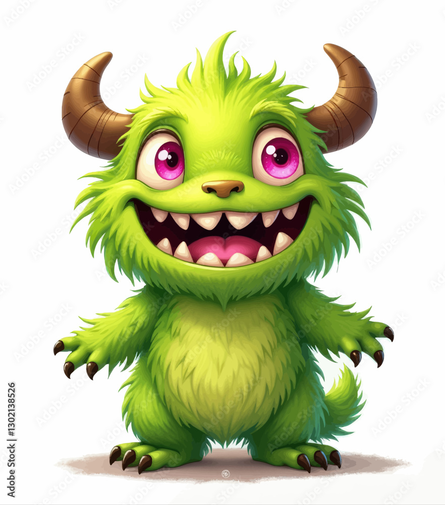 Fototapeta premium Cartoon Green Monster with Horns and a Big Smile, transparent background