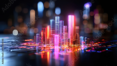 vibrant  semi transparent metropolis design showcasing futuristic skyscrapers illuminated in neon colors  reflecting advanced technology and urban innovation