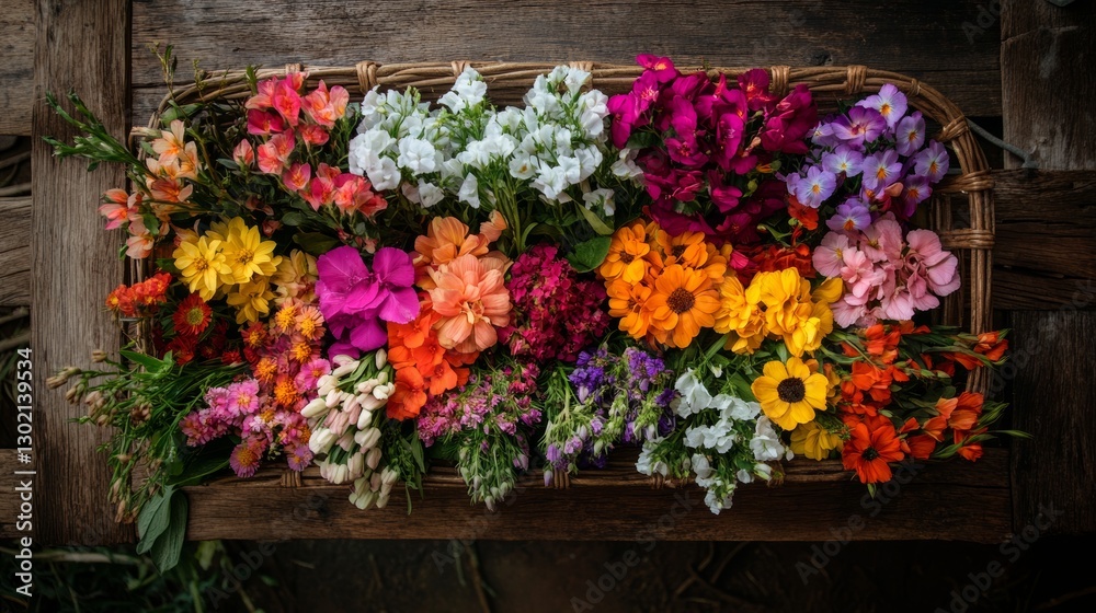 Fototapeta premium Floral Bounty: Diverse blossoms in rustic wicker basket overhead view