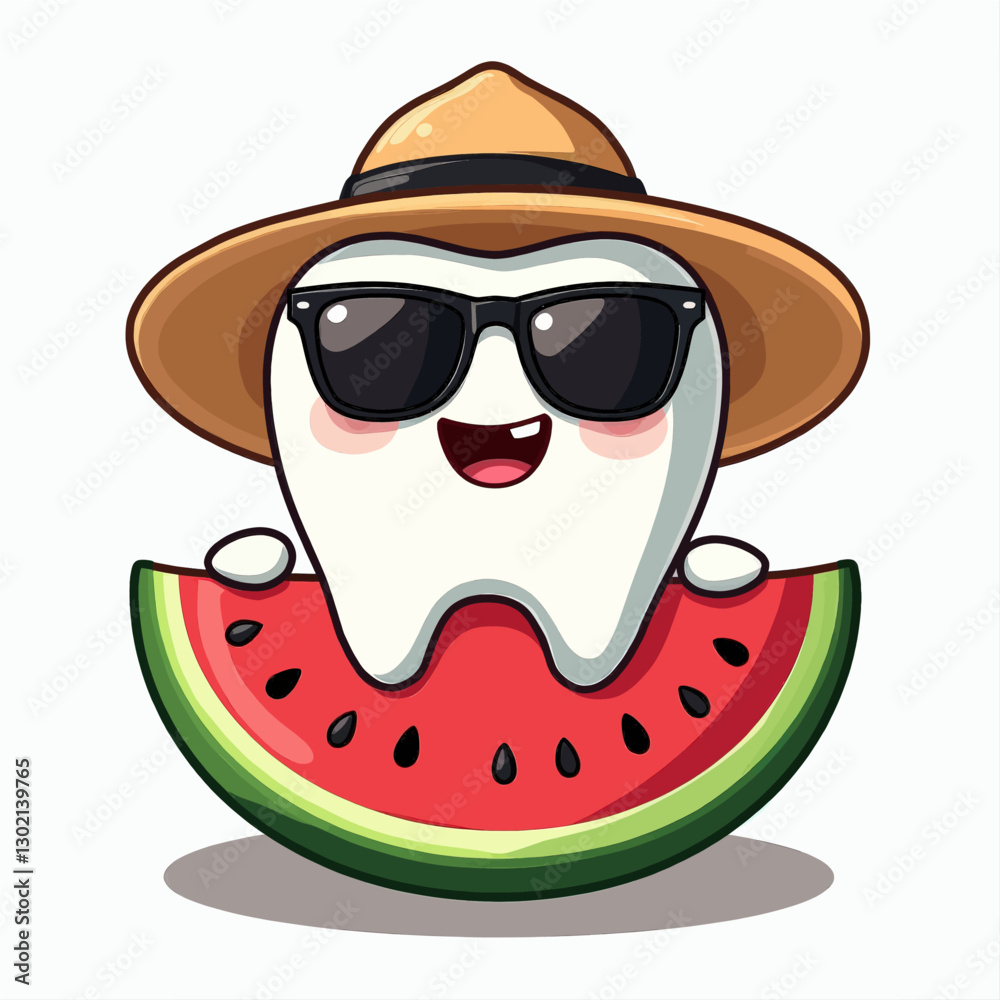 Cartoon tooth wearing sunglasses and a hat holding a watermelon with a transparent background Cartoon tooth wearing sunglasses and a hat holding a watermelon with a transparent background