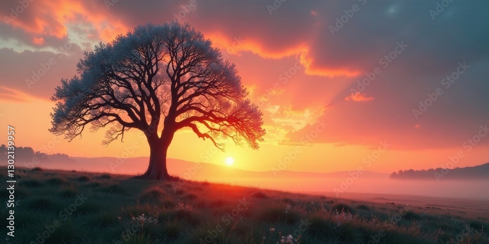 Serene Sunset Landscape Featuring a Majestic Solitary Tree in a Misty Meadow Serene Sunset Landscape Featuring a Majestic Solitary Tree in a Misty Meadow