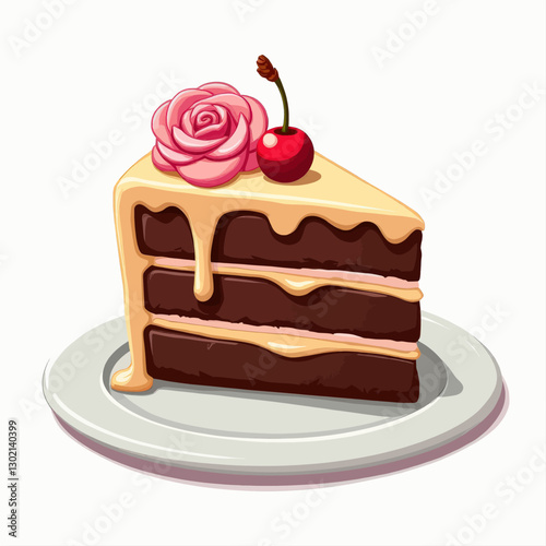 Chocolate Cake Slice with Cherry and Rose Topping