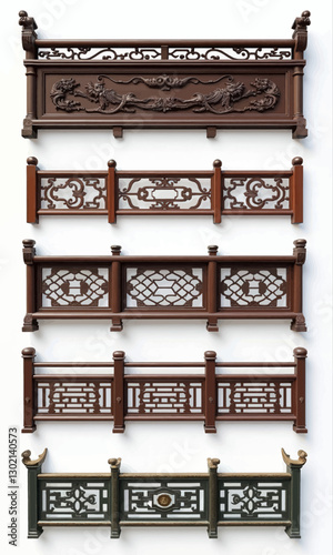 Collection of ornate carved wooden railings, transparent background