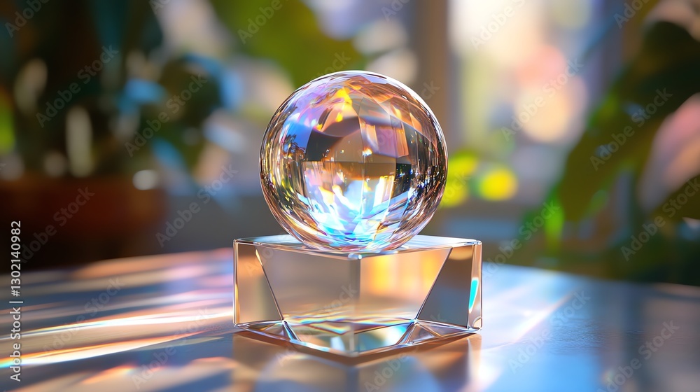 Crystal ball reflecting light on a wooden table with blurred background. Crystal ball reflecting light on a wooden table with blurred background.