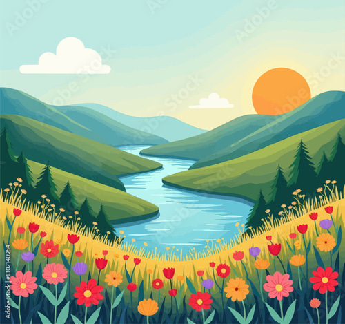 Colorful wildflowers overlook winding river valley at sunrise