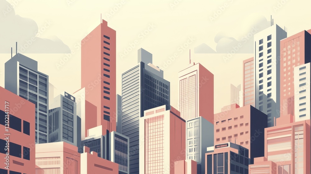 Fototapeta premium A Stunning Panoramic View of a Modern Cityscape at Dawn, Featuring a Collection of Tall Buildings in Pastel Shades of Pink, Gray, and White, against a Soft, Pale Sky