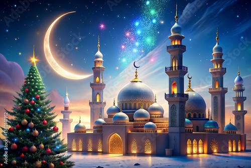 A festive scene with a mosque and  eidul ajha moon