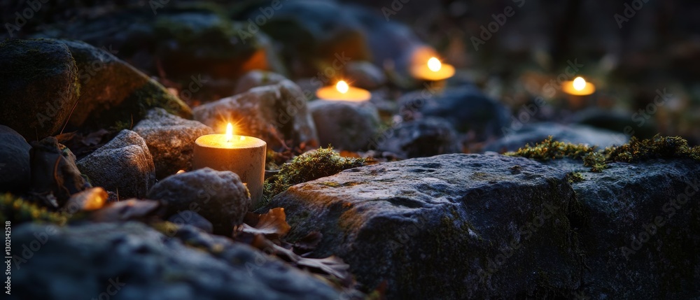 Obraz premium Candlelit New Year Vigil: Stones Moss & Warm Glow 