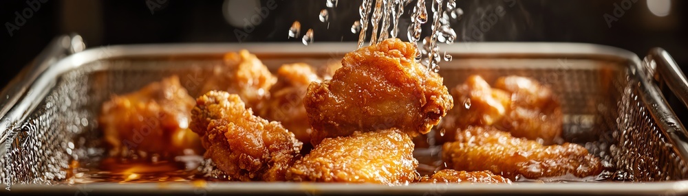 Fried chicken being prepared in hot oil, crispy texture, golden brown color. Fried chicken being prepared in hot oil, crispy texture, golden brown color.