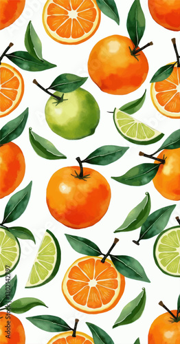 Fresh citrus fruits and leaves watercolor pattern