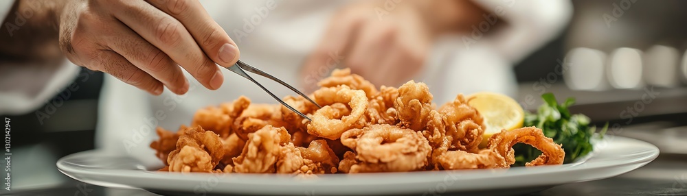 Delicious fried shrimp dish with lemon and greens, served on a white plate. Delicious fried shrimp dish with lemon and greens, served on a white plate.