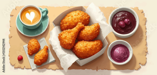 Fried Pieces with Latte and Berry Dips on Paper Background