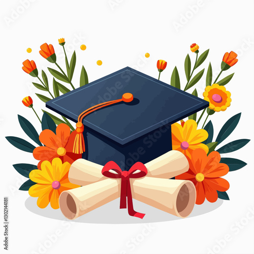 Graduation cap with diploma rolls and flowers, transparent background