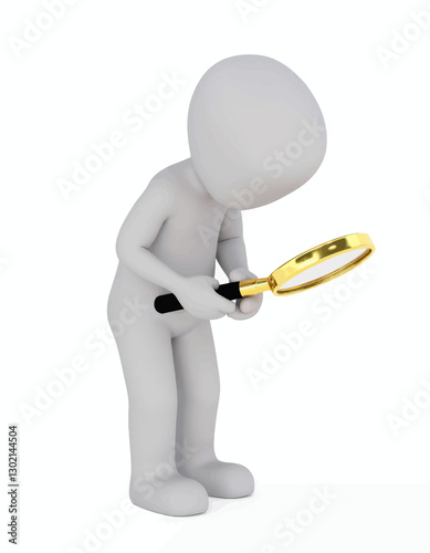 Grey Character Examining Something with a Magnifying Glass with transparent background