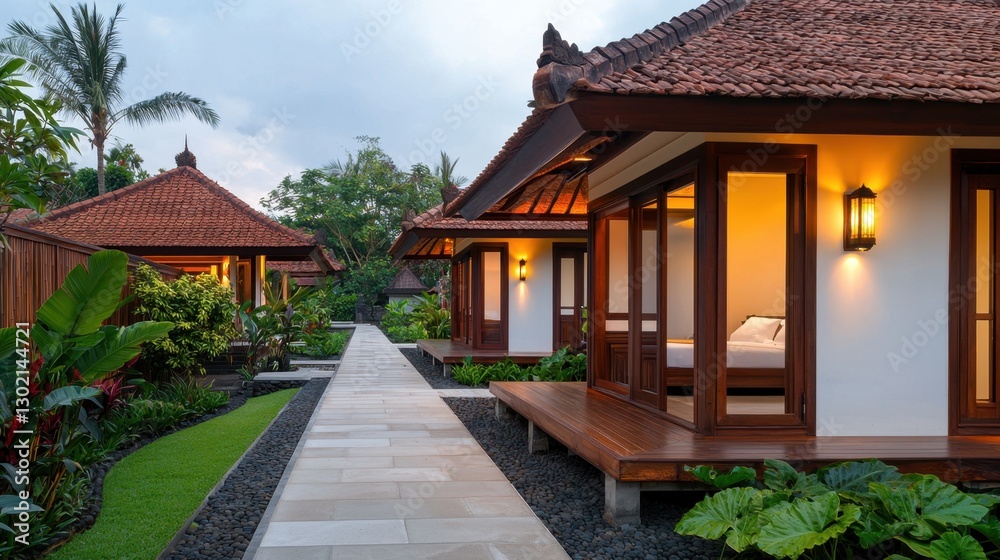 Fototapeta premium Traditional Balinese Guesthouse with Open Air Design and Wooden Features