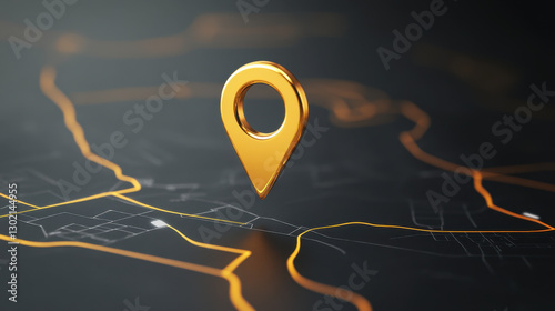 golden location pin stands out against dark map background, symbolizing navigation and direction. This striking image captures essence of modern mapping technology
