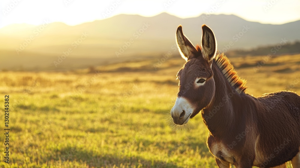 Lone Donkey in Golden Meadow with Distant Mountains Lone Donkey in Golden Meadow with Distant Mountains