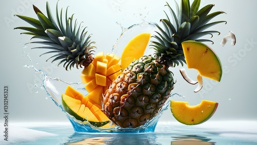 A refreshing tropical fruit juice splash with realistic pineapple, mango, and coconut pieces, isolated on a white background.