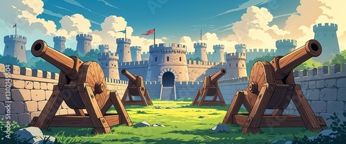 Fortress ramparts with wooden catapults background anime retro cartoon concept illustration