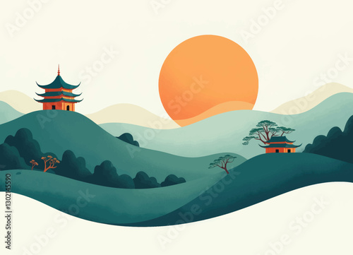 Japanese Landscape with Pagoda, Hills, Trees, and Rising Sun, transparent background