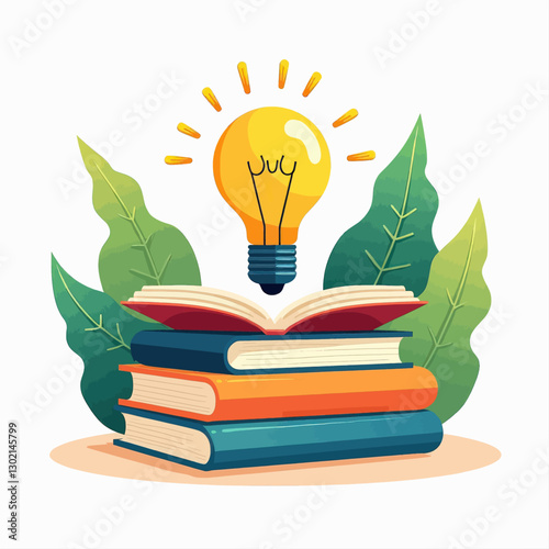 Lightbulb hovering over a stack of books, transparent background