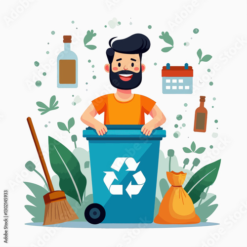Man with Recycling Bin, Bottles, Broom, and Calendar transparent background