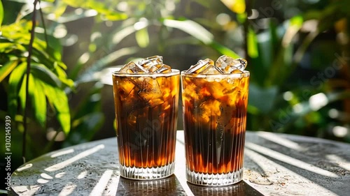 Iced coffee drinks on a table outdoors photo