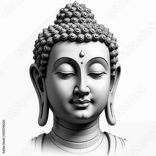 Monochrome meditative Buddha face statue on white