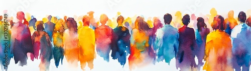 Colorful watercolor painting of a diverse crowd, soft blurred background.