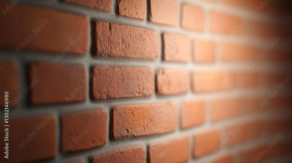 Fototapeta premium close up view of textured brick wall, showcasing warm red tones and rustic appearance. blurred background adds depth, creating cozy atmosphere