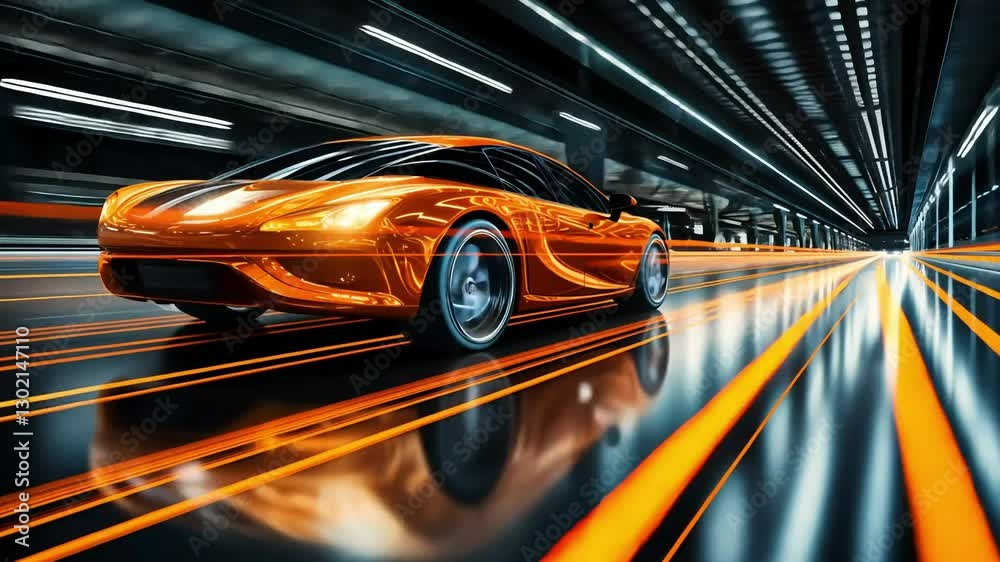 Futuristic orange sports vehicle speeding through tunnel at breakneck pace
