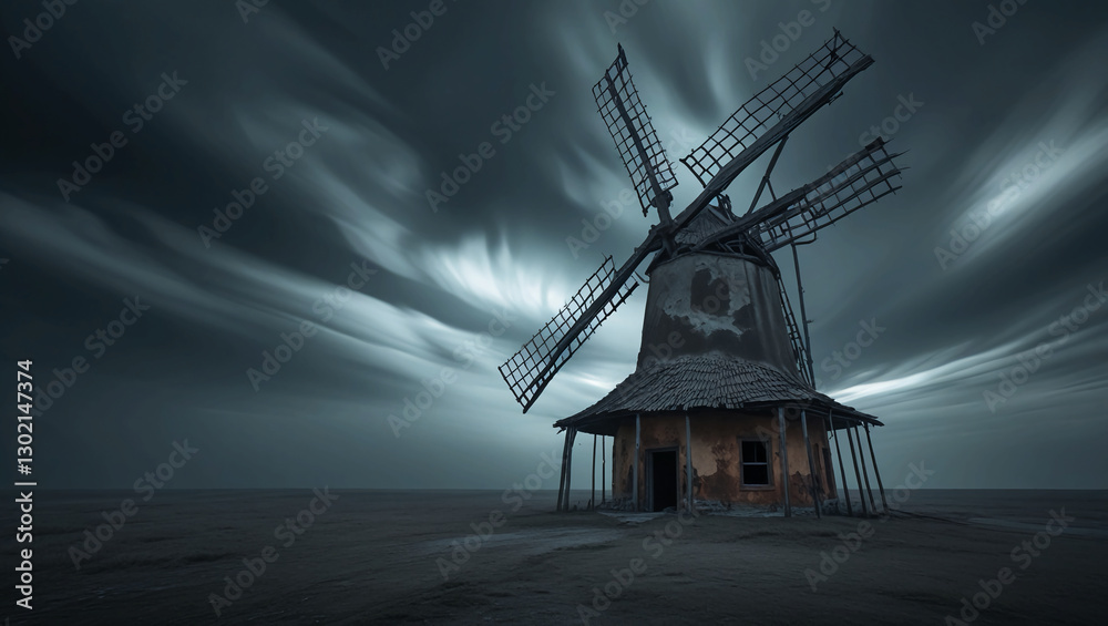 Obraz premium Haunting Windmill in a Barren Landscape – Decaying Structure, Rusted Sails, and Ominous Shadows Under a Dark, Swirling Sky