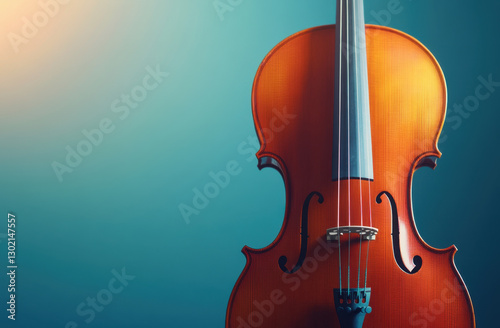 beautiful cello with rich wooden finish, showcasing its elegant curves and strings against soft blue background, evokes sense of artistry and musicality