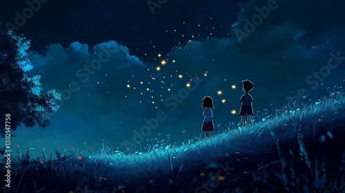 Two children gazing at a star-filled night sky on a grassy hill under a cloudy blue sky