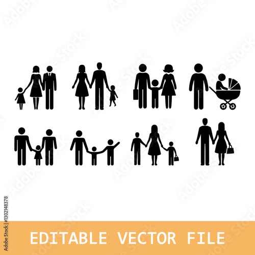 Vector set of family flat icons. Contains icons couple in love, large family, divorce, quarrel, happy family, big family and more. Pixel perfect
