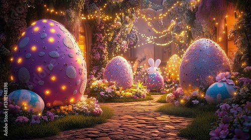 Magical garden with colorful decorated eggs