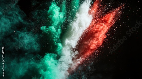 Vibrant plumes of green, white, and red color powder on black background