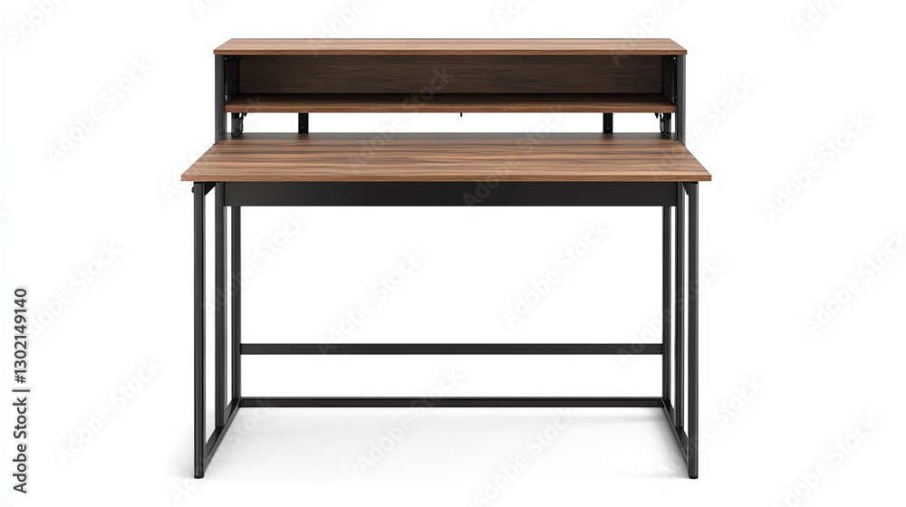 Modern wooden desk with a sleek metal frame, ideal for home office or study. Modern wooden desk with a sleek metal frame, ideal for home office or study.