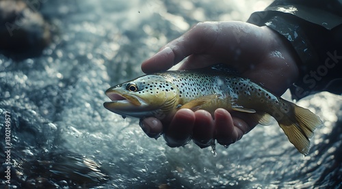 A hand gently holds a freshly caught brown trout