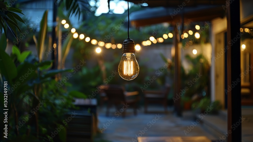 Fototapeta premium Warm edison bulb lighting in cozy backyard with string lights