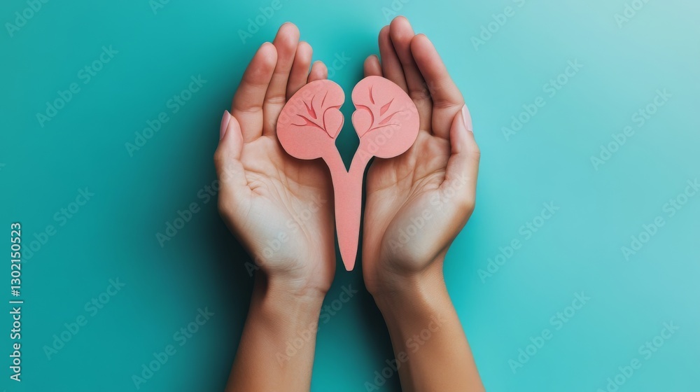 Hands holding kidney symbol on turquoise background emphasizing health protection
