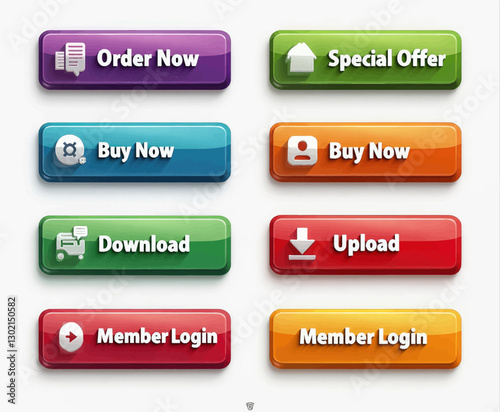 Set of Eight Colorful 3D Style Buttons, transparent background