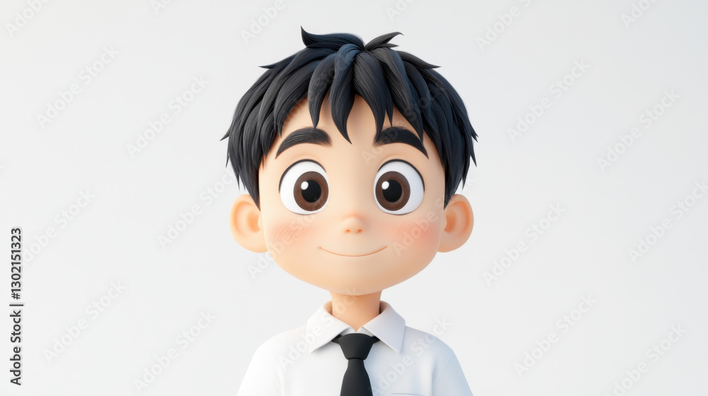 cheerful animated boy with black hair, wearing white shirt and black tie, stands against light background, exuding friendly and approachable vibe cheerful animated boy with black hair, wearing white shirt and black tie, stands against light background, exuding friendly and approachable vibe